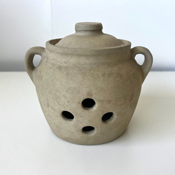 Other - Vintage Studio Pottery Stoneware Garlic Keeper Leaf Mark USA Lid Kitchen Crock